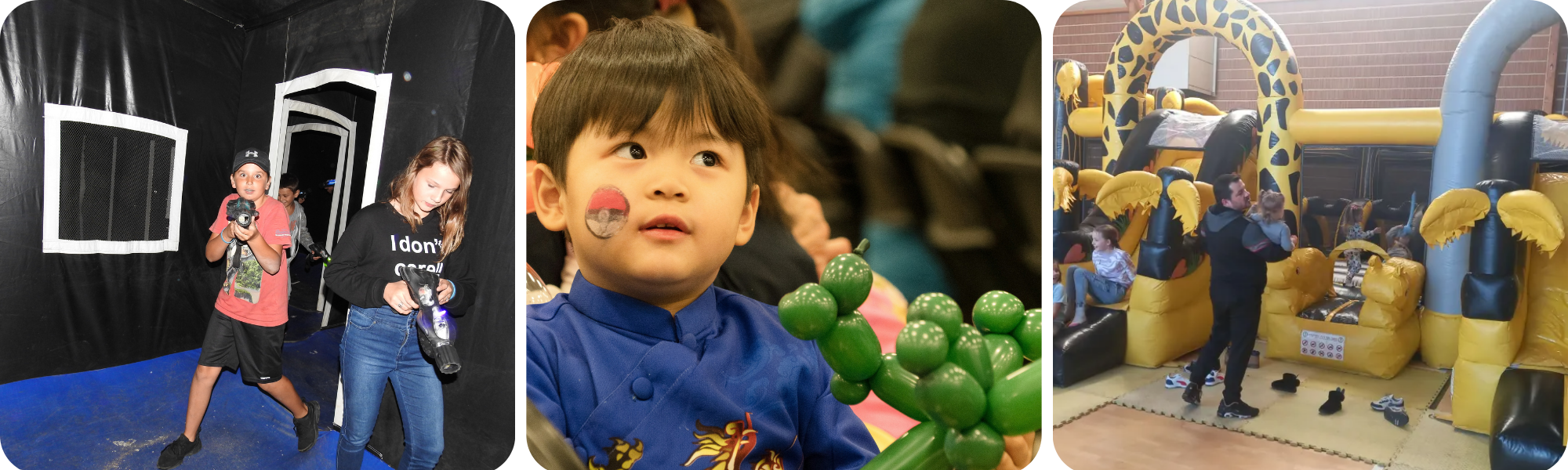 Montage photo enfants, laser tag, sculpture de ballons et structure gonflable