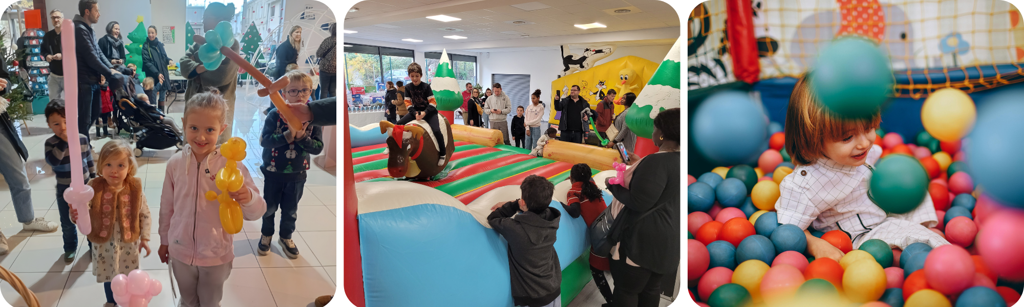 Montage photo enfants, sculpture de ballons, poney mécanique et piscine à balles