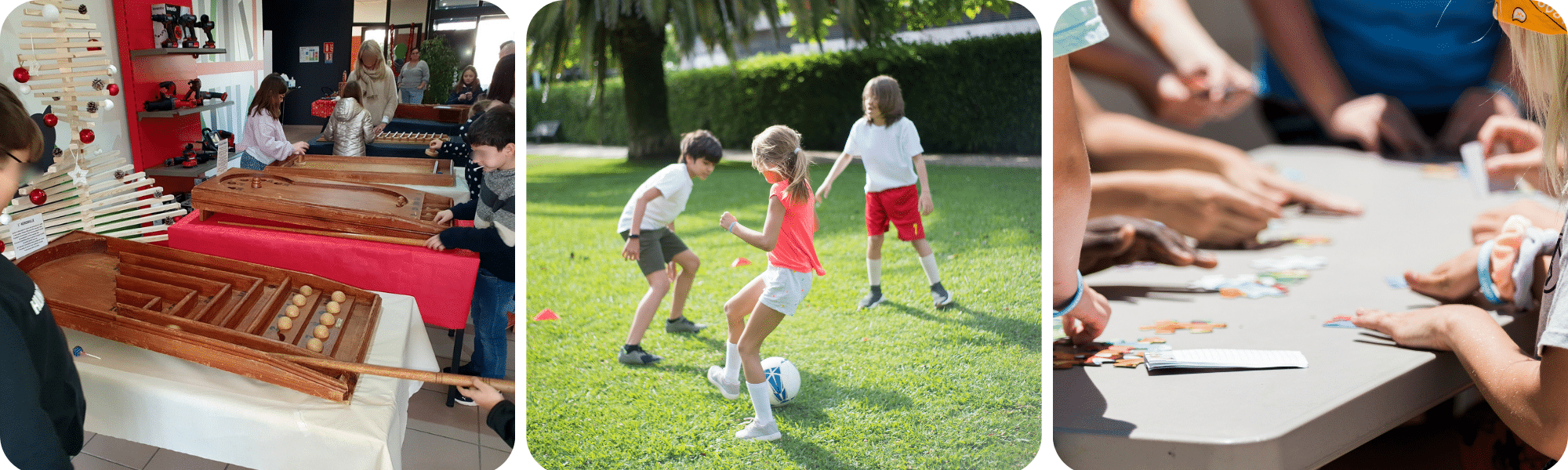 Montage photo enfants, jeux en bois, tournoi de foot et quiz 